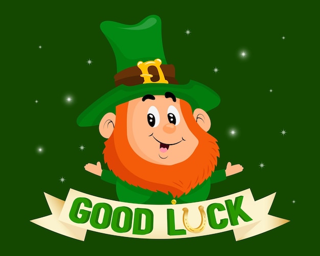 St. Patrick's Day illustration, Cute leprechaun with ribbon Good luck with golden horseshoe.