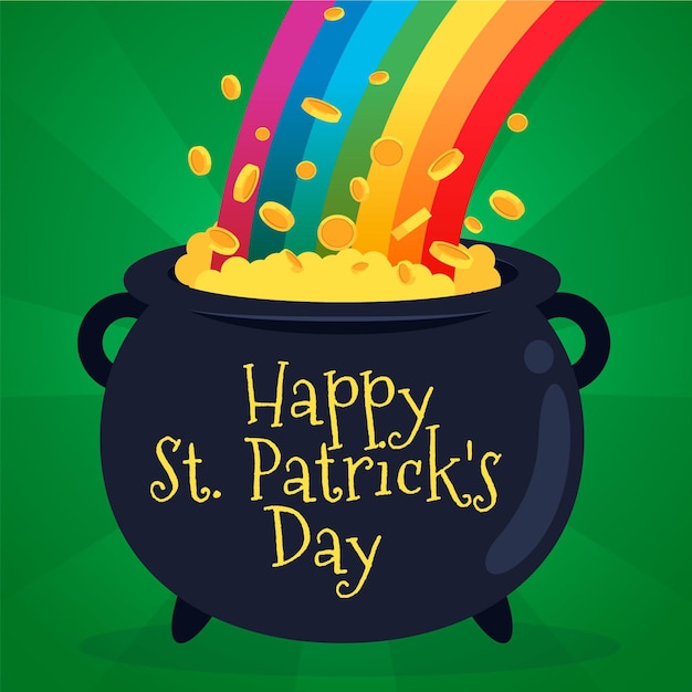 Vector st. patrick's day illustration with cauldron of coins and rainbow