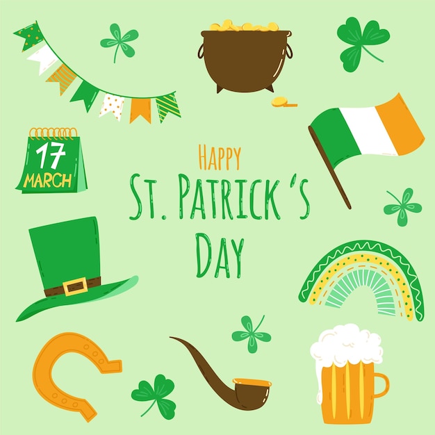 St patrick's day instellen vectorillustratie in vlakke stijl pot met gouden hoed pijp bier shamrock regenboog en ierse vlag