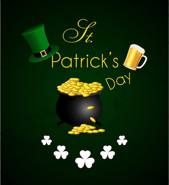 Vector st. patrick's day-kaart met pot met goud en groene hoed.