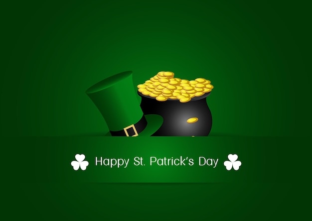 Vector st. patrick's day-kaart met pot met goud en groene hoed.