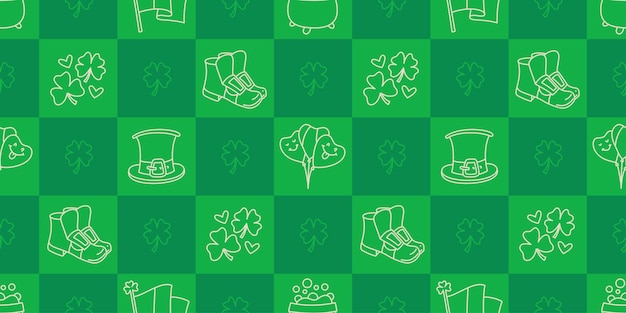 Vector st patrick's day naadloos patroon geruite groene achtergrond en schattige met de hand getekende ierse feestsymbolen