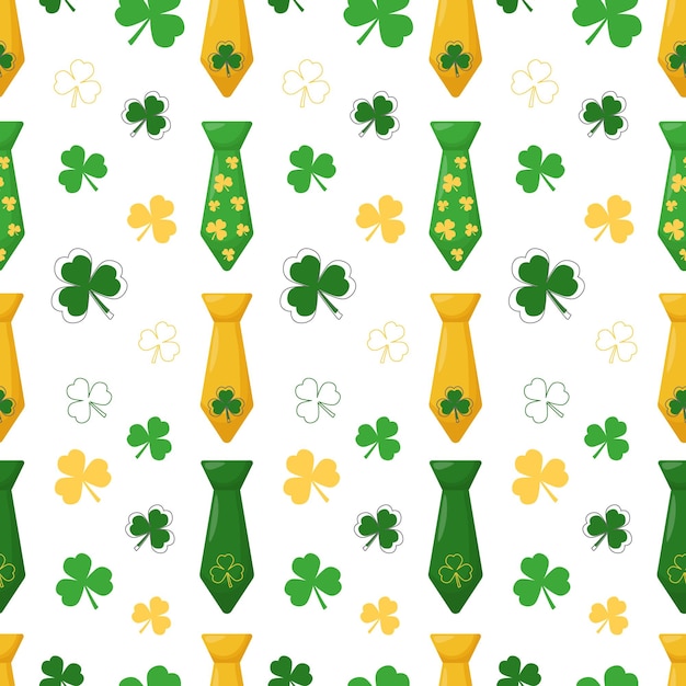 St. Patrick's Day naadloos patroon met munten, klavervlokken en stropdassen op een witte achtergrond