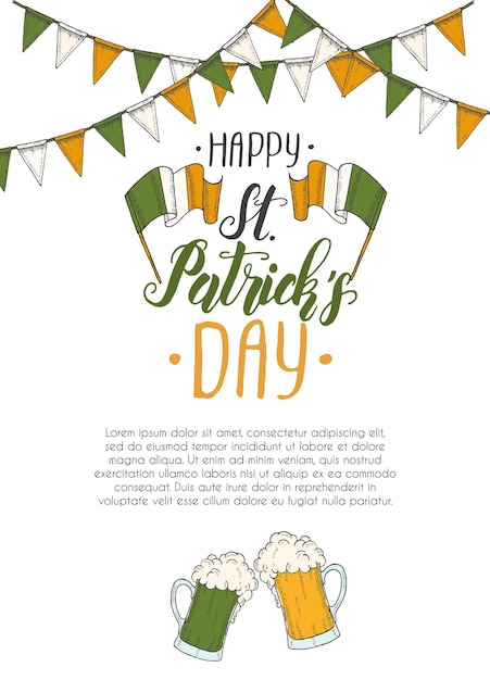 Vector st patrick's day poster met hand getrokken handgemaakte letters en vlaggenkrans.