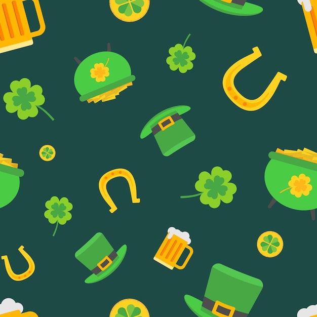 St Patrick's day seamless pattern with green background Clover luck symbol Hat lucky horseshoe coin beer clover signs Flat design