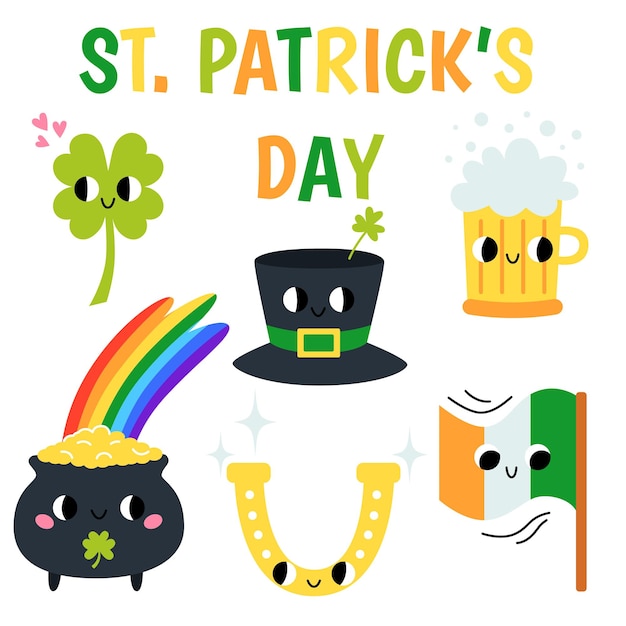 St Patrick's Day는 70년대 80년대 90년대 만화 스타일의 귀여운 그루비 복고풍 클립 아트 요소를 설정합니다.