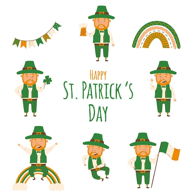 St Patrick's Day set of happy leprechauns in a flat minimalistic style Vector Illustrations Cheerful man character