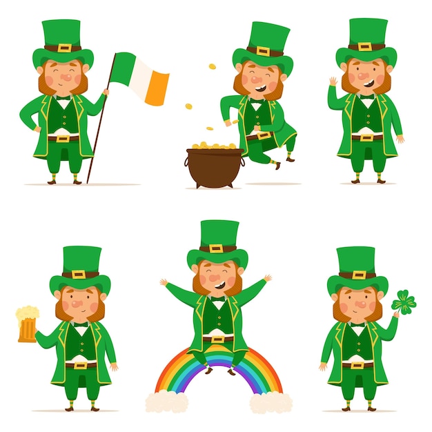 St Patrick's Day set van gelukkige kabouters met rode snorharen vectorillustraties Vrolijke man karakter