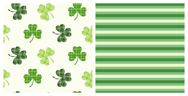 St. Patrick's Day set van naadloze decoratieve patronen van Ierse tartan klaverblaadjes en groene strepen