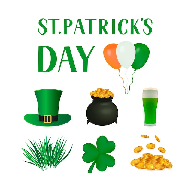 St Patrick's day traditionele symbolen Leprechaun's hoed blad van klaver pot met schat gouden munten glas bier Vector elementen voor Saint Patrick's day wenskaart spandoek poster flyer etc