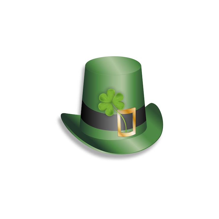 Vector st.patrick's green hat with irish shamrock leaves. 3d mesh vector clover leaves, isolated on white background, irish symbol