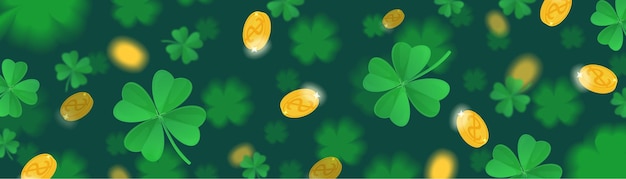 Vettore st. patrick shamrock banner a disegno con monete d'oro volanti su sfondo verde intenso