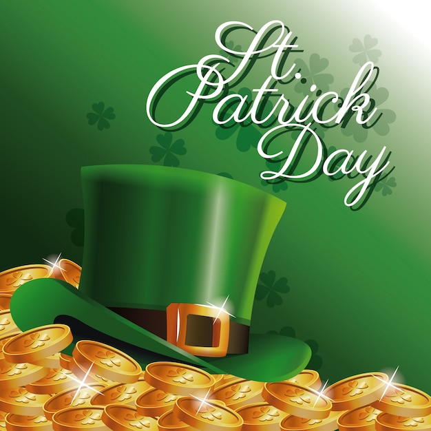 St Patrick van de de hoed gouden muntstukken van de dagkaart de klaverachtergrond