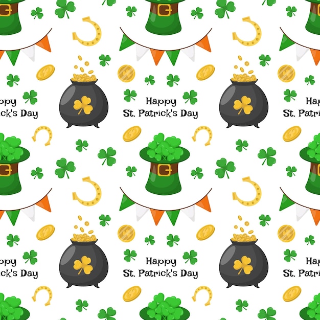St Patrick39s Day naadloze patroon met munten pot met gouden klaver hoefijzers op een witte achtergrond