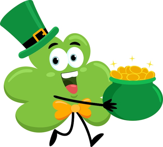 St Patricks Clover Leaf Cartoon Character Running With Pot Full Of Gold Coins