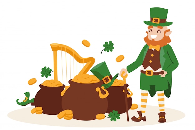 St patricks dag kabouter ierland lachend stripfiguur met symbolen van geluk