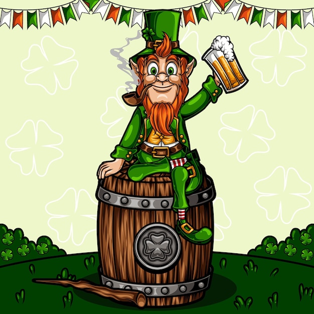 St patricks dag kabouter mascotte met biervat vectorillustratie