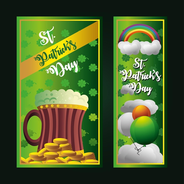 St patricks day birra monete palloncini arcobaleno banner verde illustrazione