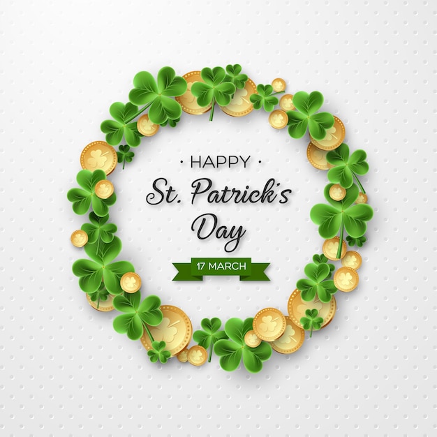 Vector st. patricks day card. wreath with clover leaves and coins.