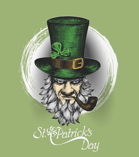 St Patricks Day Character Leprechaun with Hat beard Smoking Pipe Vector illlustration