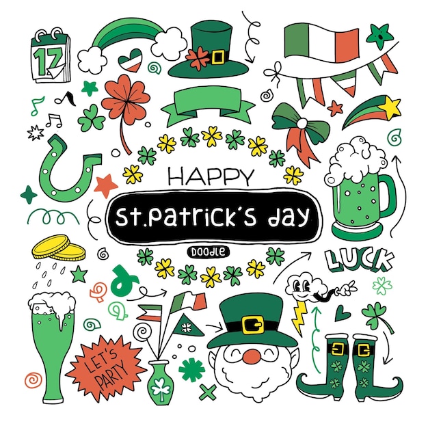 St patricks day doodle set hand drawn beer mugs clover gold pot hat in sketch style vector il