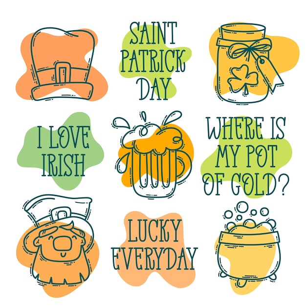 St Patricks Day doodle style handdrawn icon set with simple engraving effect and lettering