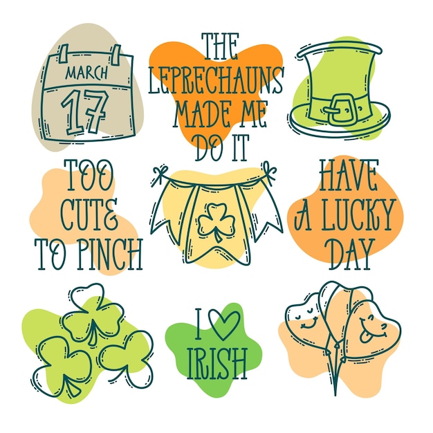 Vector st patricks day doodle style handdrawn icon set with simple engraving effect and lettering