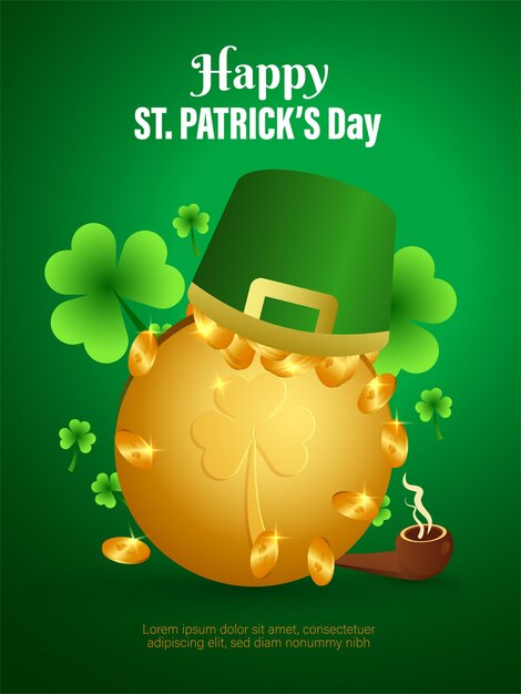 St Patricks Day flyer design vector illustration Gold coins hat Smoke pipe and Clover