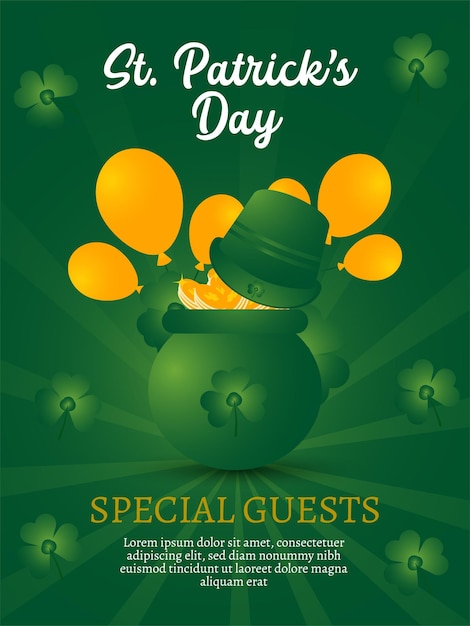 Vector st patricks day flyer design vector illustration pot full of gold coins hat and celebration balloons