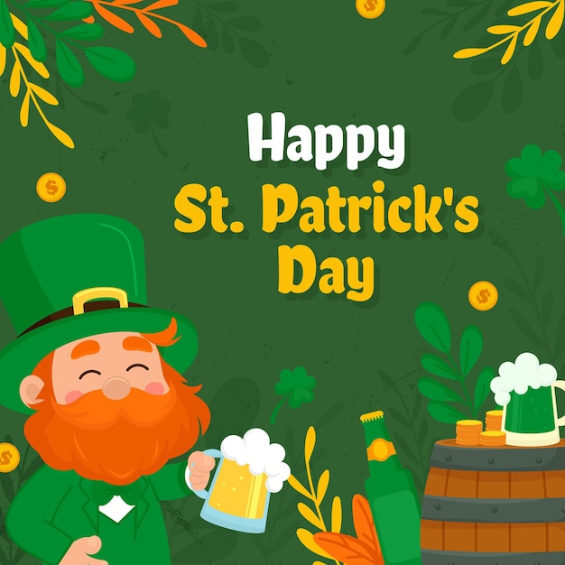 Vector st patricks day greeting card with leprechaun beer and leaves vector illustration