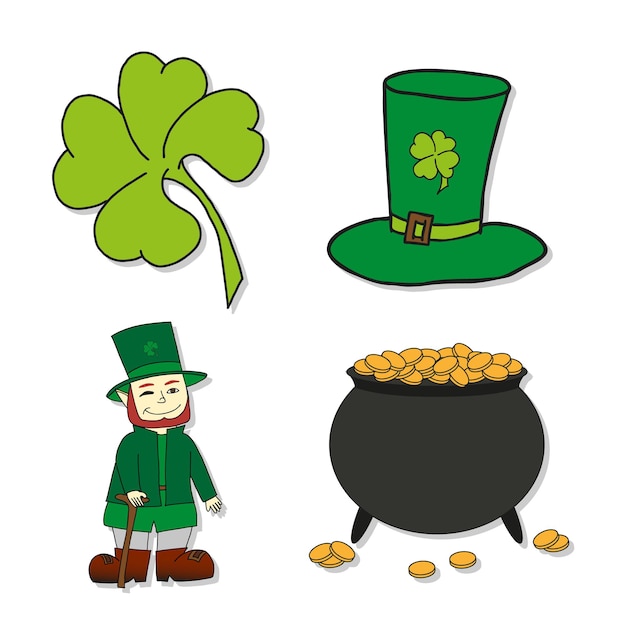 St Patricks Day icons Leprechaun Leprechauns hat pot of gold and clover Vector illustrations