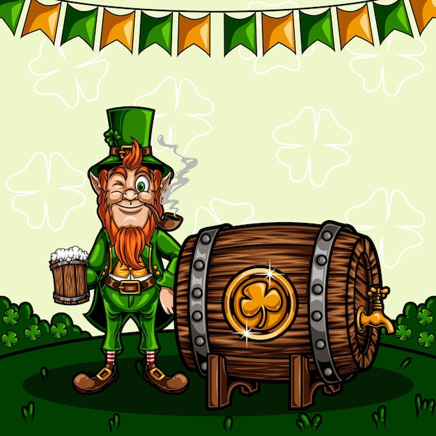 St patricks day leprechaun mascot with beer barrel vector illustration