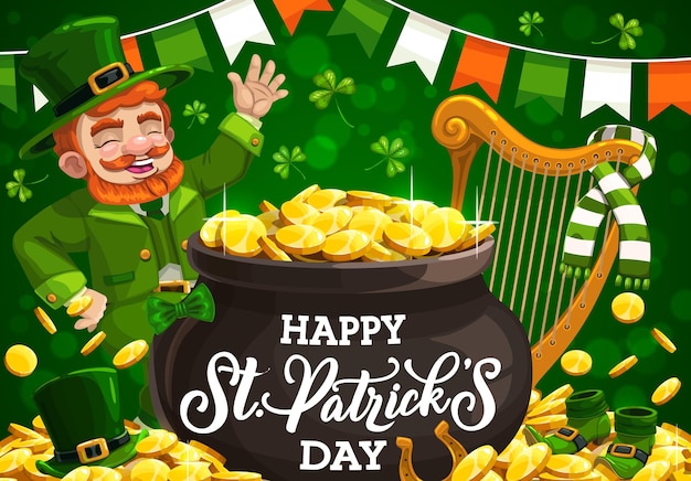 Vector st patricks day leprechaun with gold pot shamrock