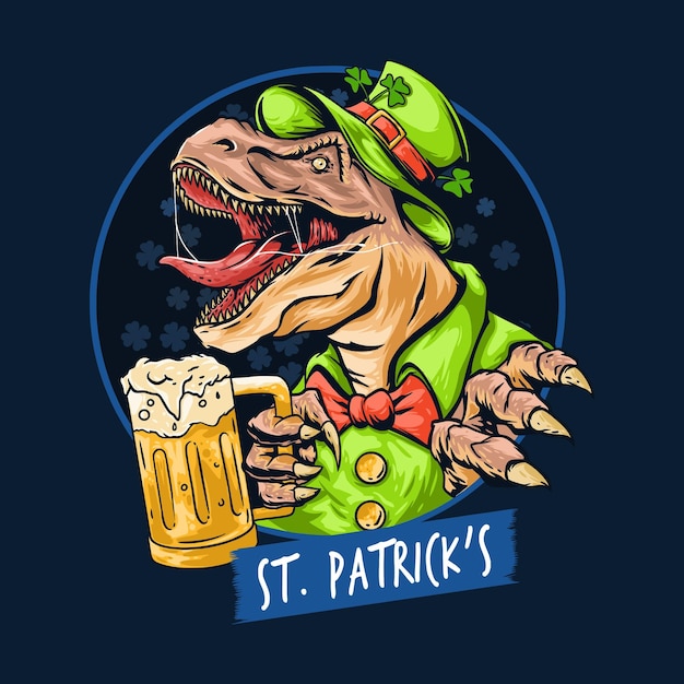 St patricks day party met een dinosaur trex-thema brengt een glas bier