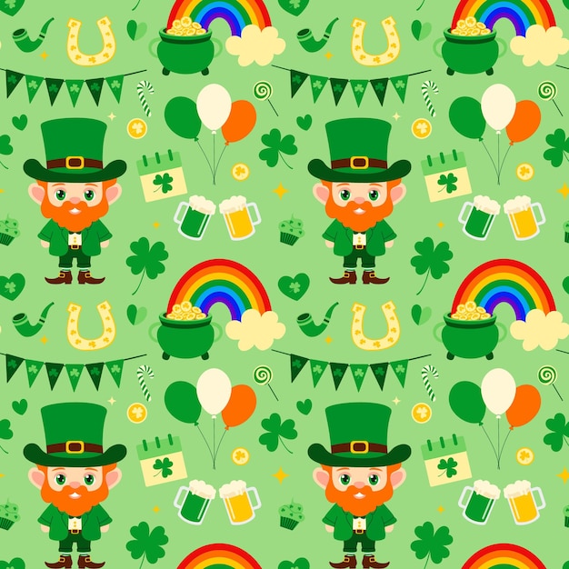 Vector st patricks day pattern with shamrock leprechaun clover rainbow march 17th