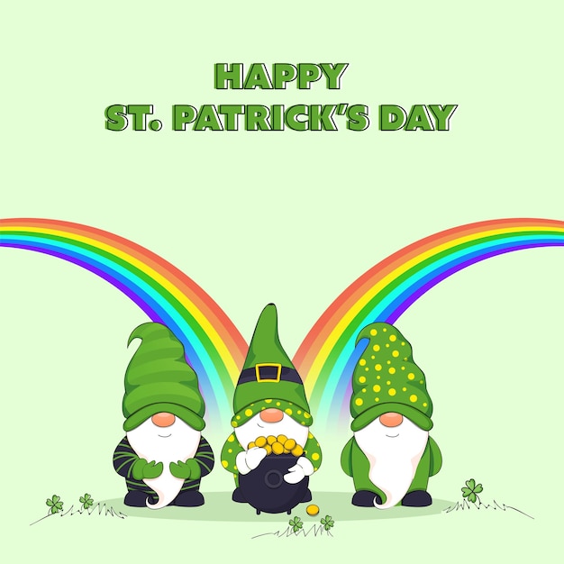 Vector st patricks day poster design with cartoon gnomes wearing leprechaun hat golden coins in cauldron and rainbows on pastel green background