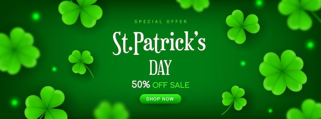 St patricks day sale promotion banner vector illustration clover leaves falling on green background