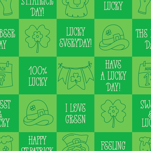St Patricks Day seamless pattern checkered green background and Irish holiday quotes icons elements