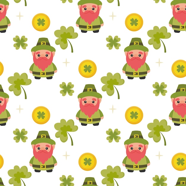 Vector st patricks day seamless pattern clover gnome leprechaun coins rainbow vector illustration