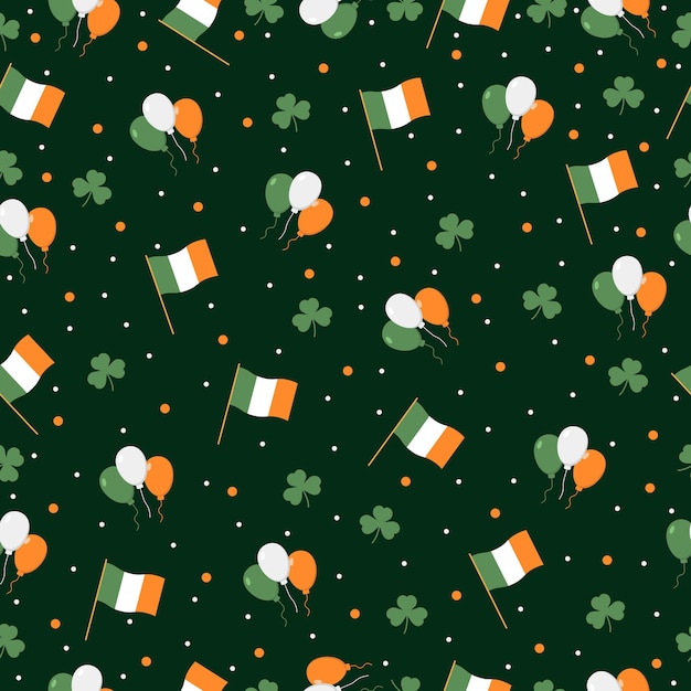 아일랜드 국기, 클로버, 녹색 배경에 아일랜드 국기 풍선 세인트 Patricks 일 완벽 한 패턴입니다. 인사말, 포장지 및 벽지.