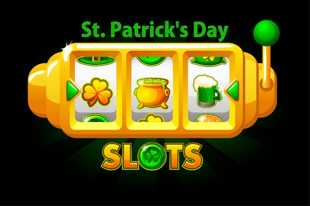 Vector st. patricks day-slotmachine, klaver jackpot-symbool voor ui-spel. vector illustratie banner winnen met vakantie tekenen gokautomaat voor design.