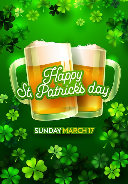 St patricks day vintage vertical poster design with glass full of beer illustration