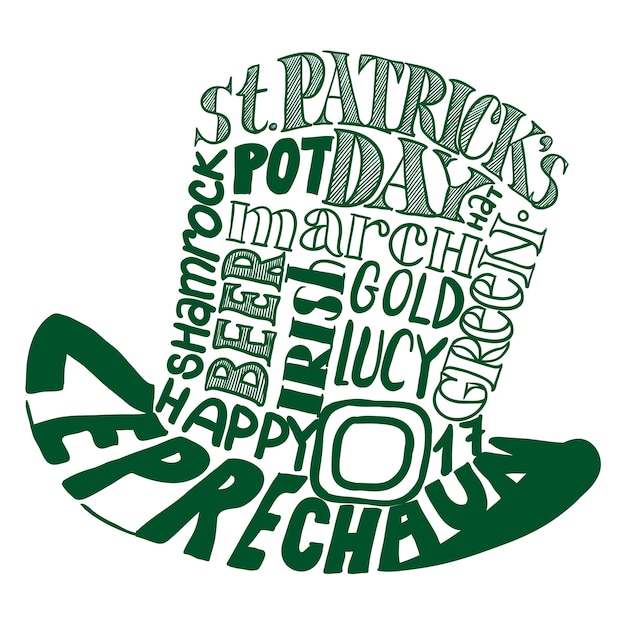 Vector st.patrik`s day hat image composed of words (tag cloud)