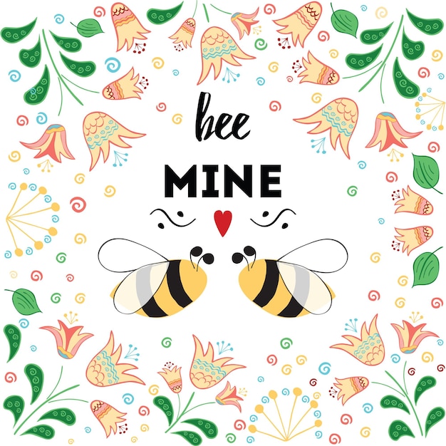 Vector st valentine's day card with meadow flowers and love bee