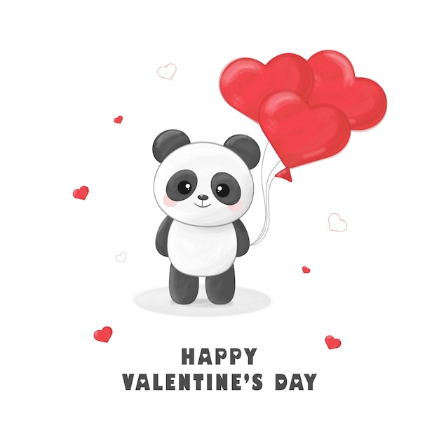 St Valentine's day greeting card with panda, heart shaped balloons on white background, watercolor