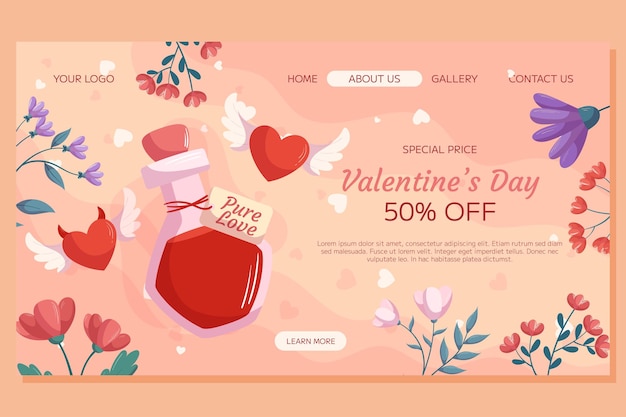 St Valentine s Day Landing page template design Love potion bottle two heart with wings demon and angel flower frame on beige back Special Price concept online shopping