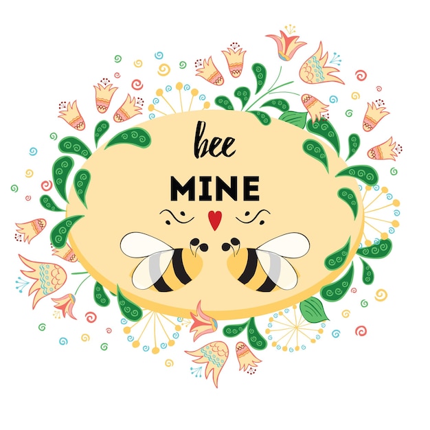 Vector st valentine's day oval frame with meadow flowers and love bee