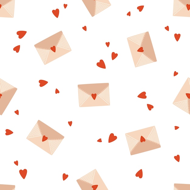 St. valentine's day seamless pattern. envelopes and red hearts on a white background