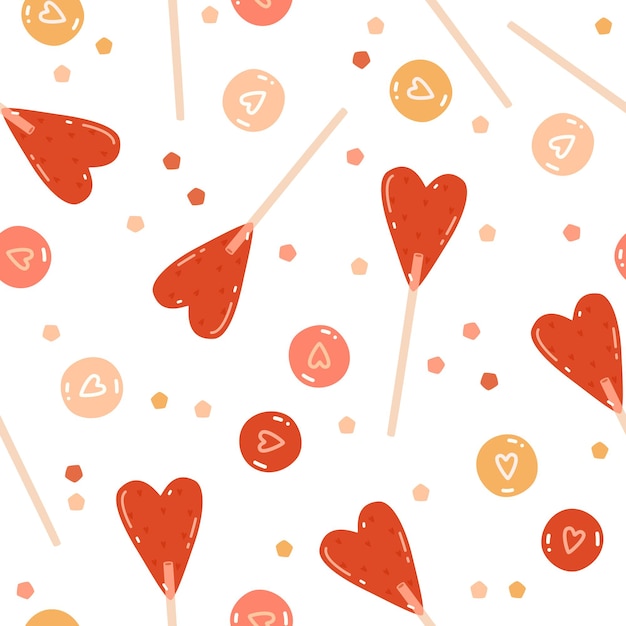 St. Valentine's Day seamless pattern with heart-shaped lollipops colorful dragees with drawn hearts and confetti