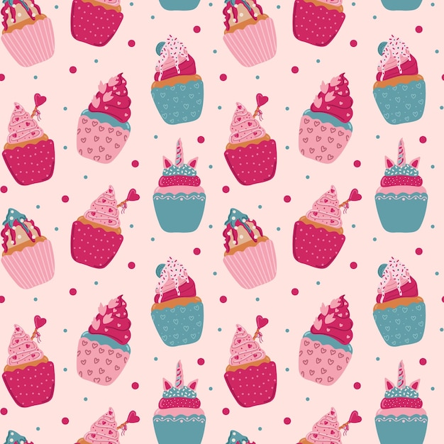 St. Valentine s Day seamless pattern with ice cream, cupcakes.